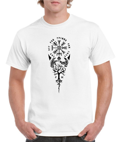 Polera Hombre Estampado Vikingos Vegvisir - Inguz - Yggdrasi