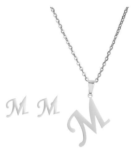 Collar Inicial Letra M Juego Joya + Arete Incial M + Estuche