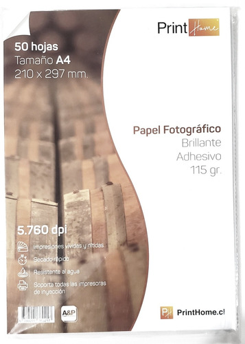 Papel Fotografico Brillante Adhesivo 115 Gr. 50 Hojas A4