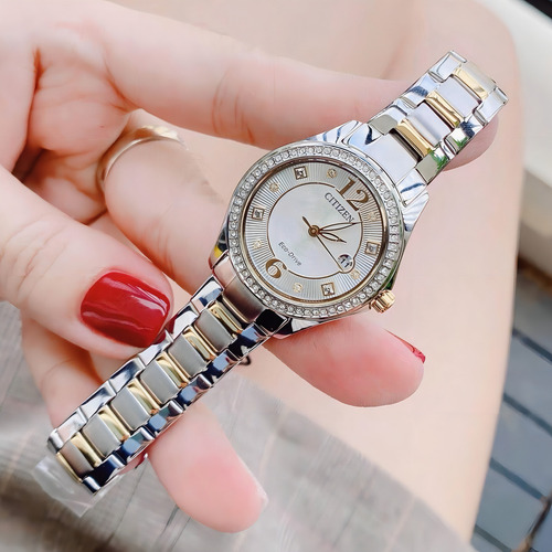 Citizen Crystal Silver-tone Dial Fe1146-71a Correa Plata Y Oro Bisel Plata Fondo Plata