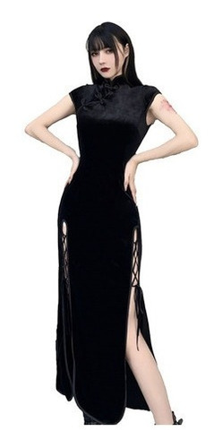 Vestido Cheongsam De Manga Corta Gótico Oscuro Para Mujer