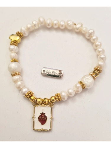 Pulsera De Perlas Con Escapulario Sagrado Corazón, Chapa Oro