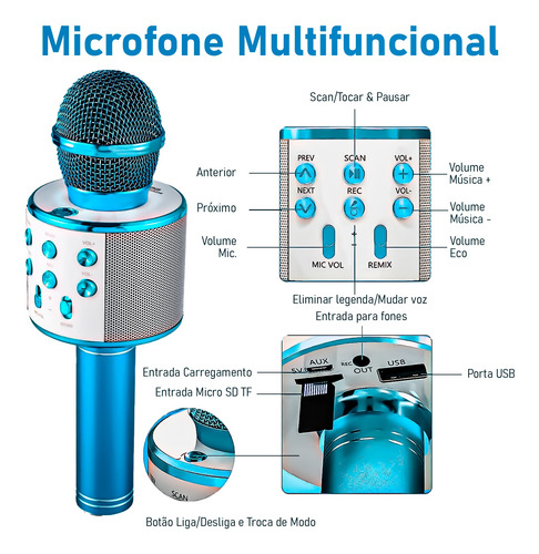 Microfone Karaoke Bluetooth Sem Fio Youtuber Várias Cores