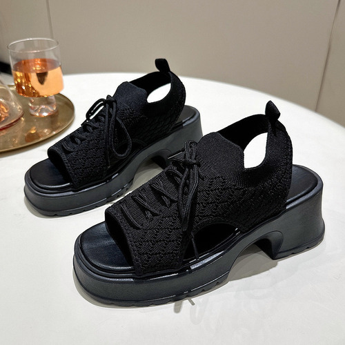 Sandalias Mujer Con Cordones Zapatos Plataforma Calados Cuña