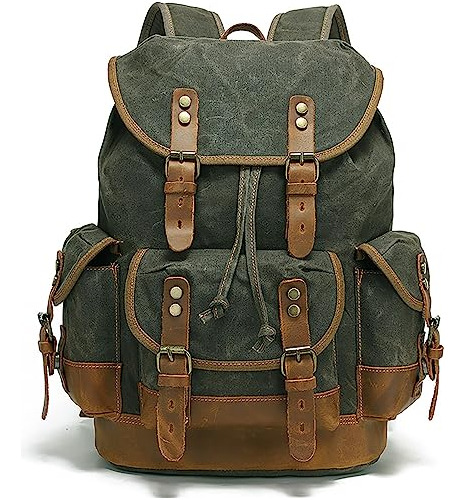 Huachen Vintage Wax-coated Canvas  Leather Backpack: Xj7vm