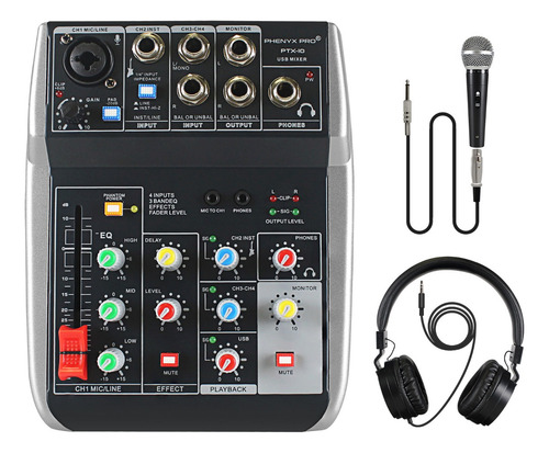 Mezcladora 4 Canales Mixer Audio Tarjeta Consola Sonido Profesional Bluetooth 4 entradas, ecualizador de 3 bandas, efectos de eco, con micrófono dinámico, auriculares estéreo y cable XLR, para transmi