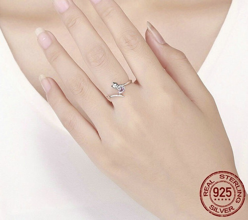 Anillo De Plata S925 Diseño Gato Amor Rosa