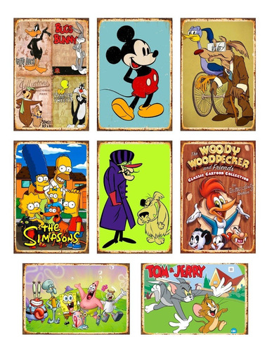 Carteles Metalicos Pack 8 Placas Dibujos Animados 20x30 Cms