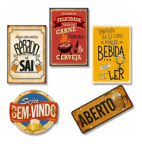 Kit Com 5 Placas Decorativas Em Mdf - Bebidas Bar Retrô