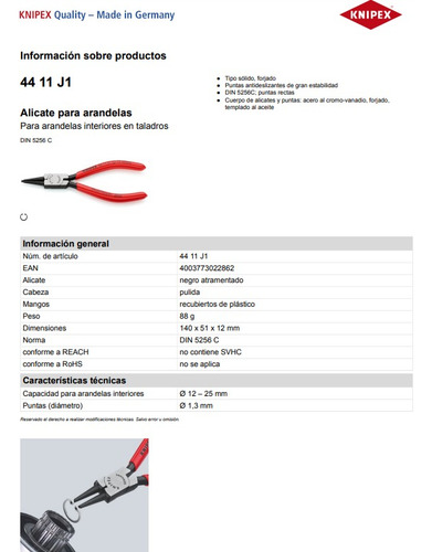 Alicate Seeger Interior 12-25mm Recto 44 11 J1 Knipex