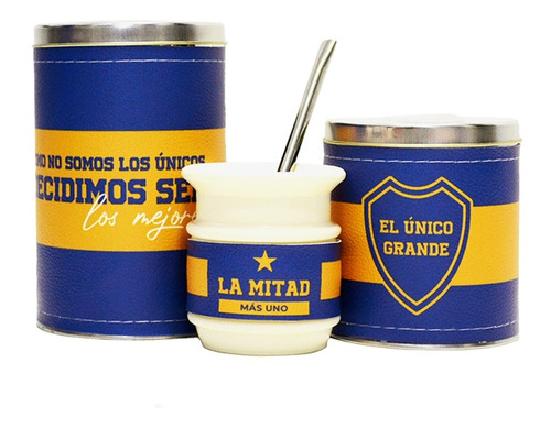 Combo Yerbera Azucarera Mate Vaciado Facil Azul Y Oro Futbol