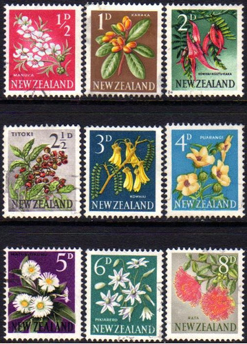 Nueva Zelanda Serie X 9 Sellos Usados Flores Años 1960-67