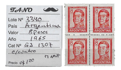 Lote3340 Argentina 8 Pesos Año 1965 Gj# 1307 En Cuadro Mint