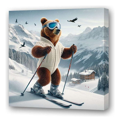Cuadro 30x30cm Oso Practicando Esqui Deporte Nieve M1