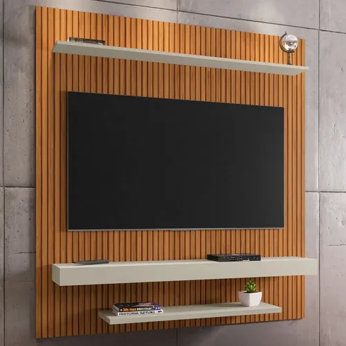 Painel Para Tv Até 60 Polegadas Leme 2 Prateleiras Cor Marrom-escuro Ripado/off White