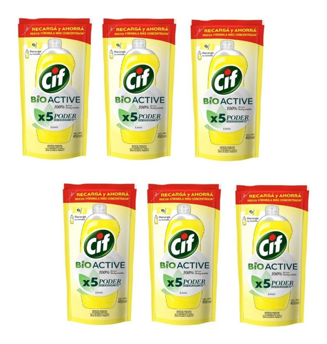 Pack Detergente Cif Limón Repuesto 450ml X6