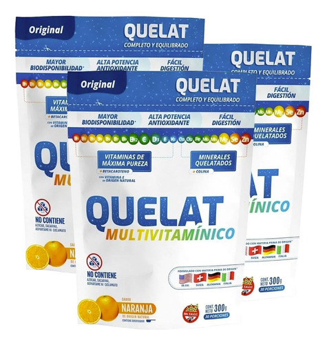 Pack 3 Quelat Multivitamínico Minerales Quelatados En Polvo Sabor Naranja