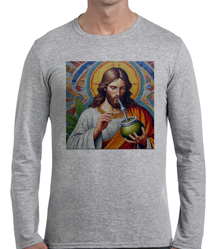 Remera Hombre Ml Jesus Tomando Matecito Verde Venecitas