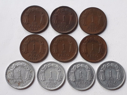 Chile, 10 Monedas De 1 Peso 1942 - 57