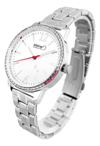 Reloj Steiner Análogo Extensible Plateado Acero Inox. 3atm Fondo Blanco