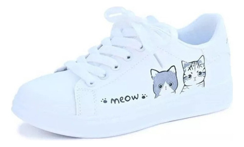 Lindos Zapatos Blancos De Mujer Con Estampado De Gatos.