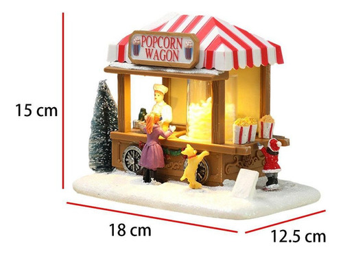 / Mini Cenário De Natal Resina Neve Led Pipoca Carroça Vila
