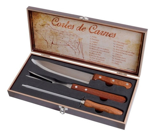 Kit Churrasco Linha Premium Chef Bbq 4pçs Inox Cabo Madeira