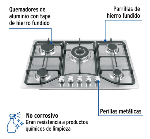 Parrilla Gas Empotrable 5 Quemadores Acero Inox Foset 48316