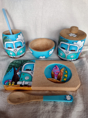 Set De Mate De Madera Pintadado A Mano. Kombi Surf