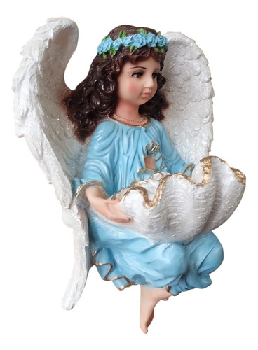 Ángel Celestial Con Pila Bautismal Concha Pared Resina Fina Color Azul Claro
