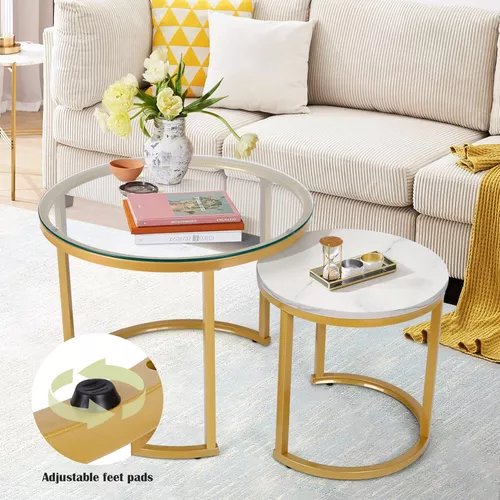 VOWNER Mesas de centro para sala de estar, juego de 2 mesas auxiliares  redondas pequeñas, mesa central con mesa de grano de madera maciza y marco  de