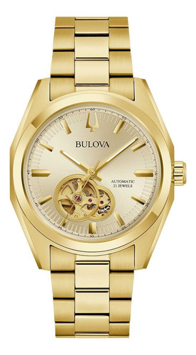 Reloj Bulova Automatico Para Hombre Surveyor 97a182 Pvd Correa Dorado Bisel Dorado Fondo Dorado