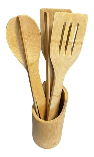 Set Utensilios Cocina De Bambú 9 Pzs Con Ganchos Para Colgar