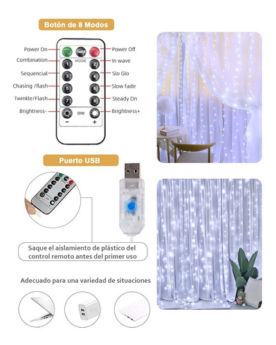 Imagen 3 de 7 de Cortina Led Luces Decorativas 3x3m Navidad Tira Luz Led 2pzs
