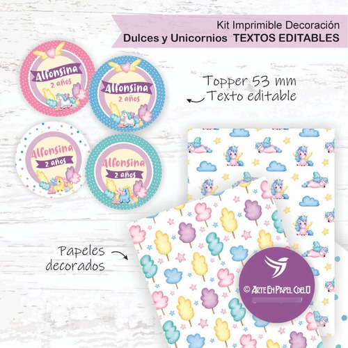 Imagen 4 de 5 de Kit Imprimible Decoración Candybar Unicornio Texto Editable