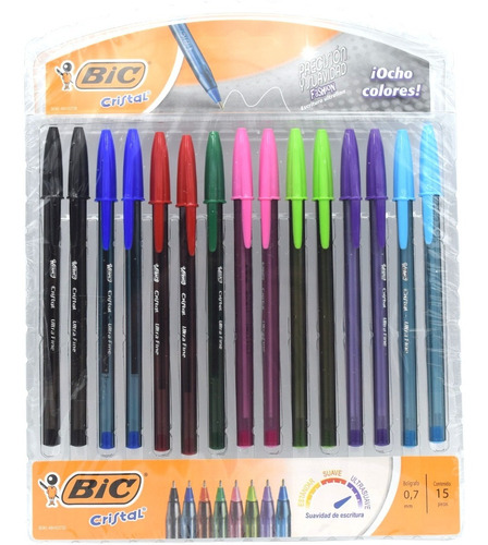 Boligrafo Bic Cristal Ultra Fino 0.7 Mm 15 Piezas Exhibidor