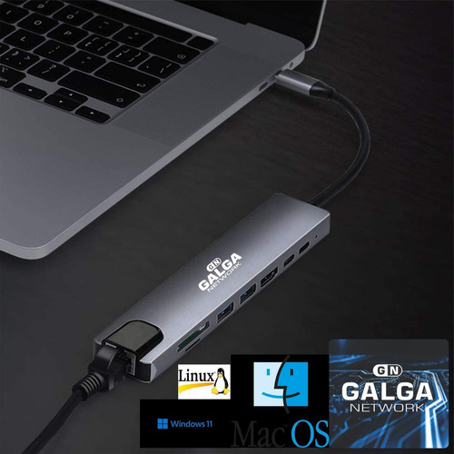 Imagen 4 de 10 de Hub Adaptador Macbook 8-1 Largo Hdmi-sd-micro-rj45-usb3.0-tc