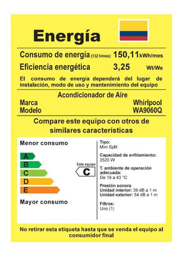 Aire Acondicionado Whirlpool 12k Btu/1 Rt Split Inverter Bla