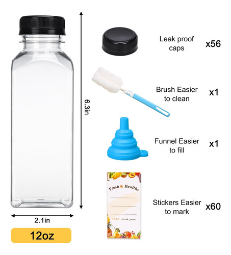 56 Botellas 12oz Plástico Transparentes Con Tapas Y Embudo