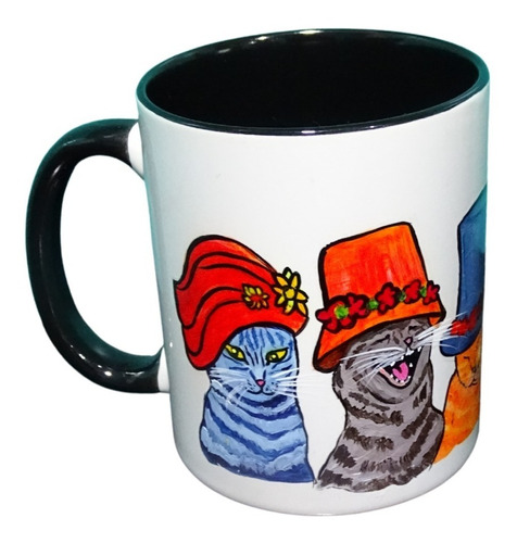 Taza Pintada A Mano Gatos Amigos Retro Acrílico Arte 320cc