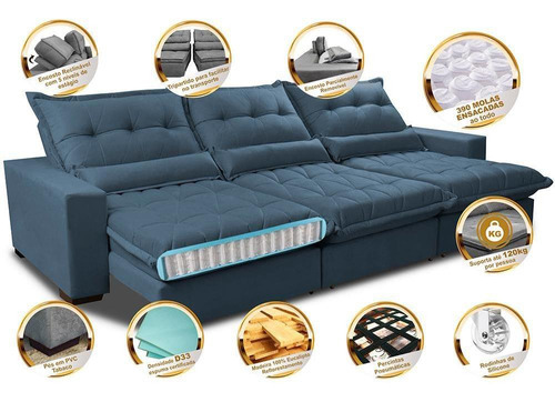 Sofá Retrátil Reclinável 3,52m Pocket Cama Inbox Soft Azul