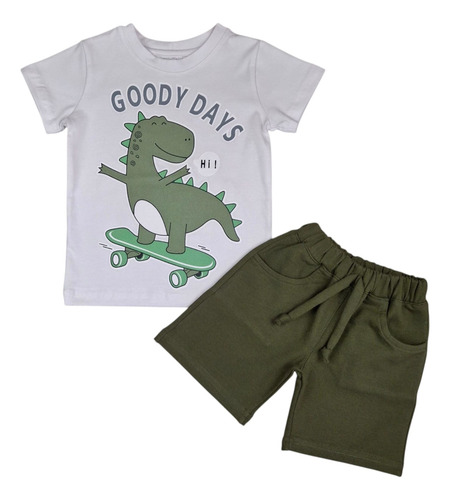 Conjunto De Niño Playera Dinosaurio Short Verde Militar Blanco - Verde Militar 3 Años