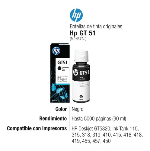 Imagen 2 de 7 de Tinta Hp Gt51 Negro Original M0h57al Deskjet 5820 410 415