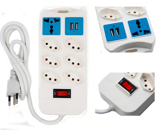 Régua Tomada 7 Entradas Com 2 Saídas Usb Universal