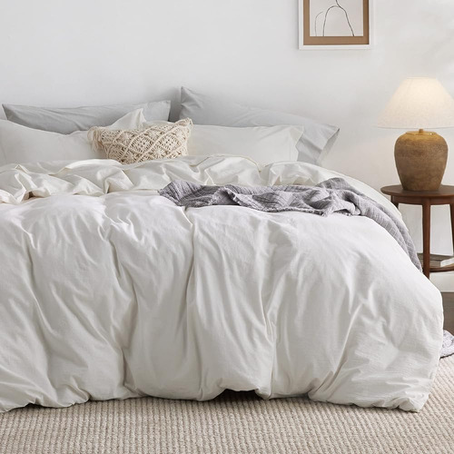 Bedsure 100% Washed Cotton Duvet Cover Queen Size - Cream Wh