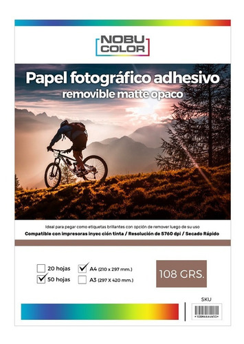 Papel Foto Matte Adhesivo Removible Nobucolor A4 108 Gr.