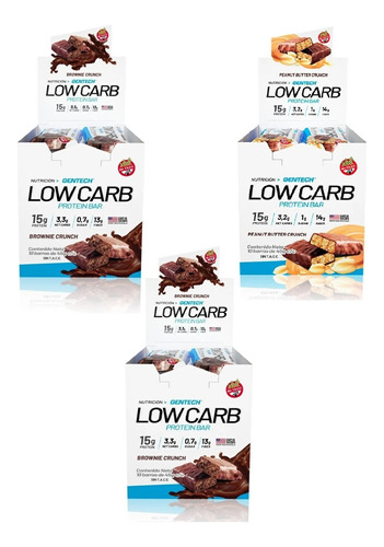 3 Cajas X10 Low Car Protein Bar 10 Unidades Gentech Sin Tacc