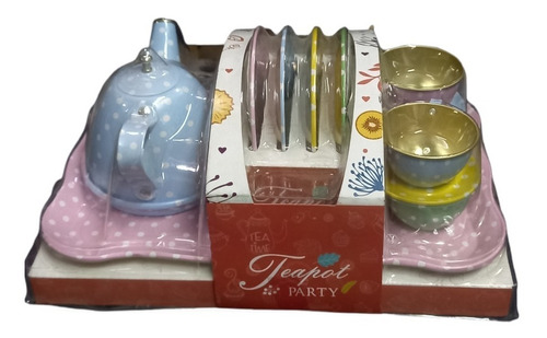 Set 14 Piezas Juguete Metalico Tazas Platos Tetera Y Bandeja