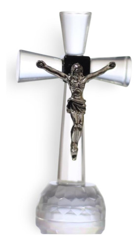 Crucifixo Mesa Cristal Lapidado Transparente Jesus 10cm