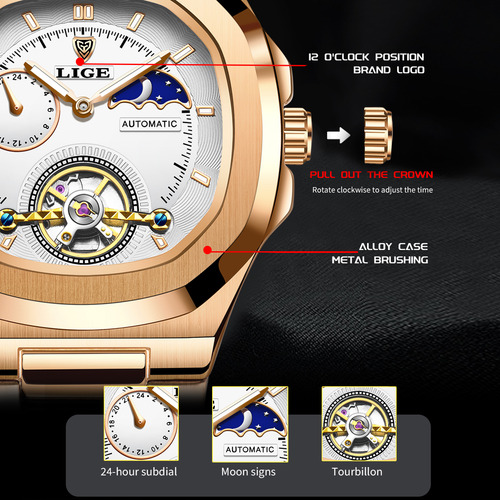 Reloj Hombre 24 Horas Impermeable Tourbillon Reloj Mecánico Correa Oro Rosado Bisel Rosê Gold Fondo Blanco